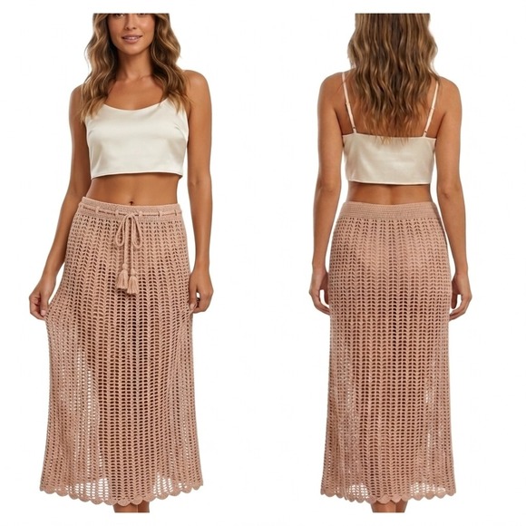 The Unbranded Brand Dresses & Skirts - Crochet A-Line Midi Skirt Womens Pink Drawcord Adjustable Waist Bohemian Unlined